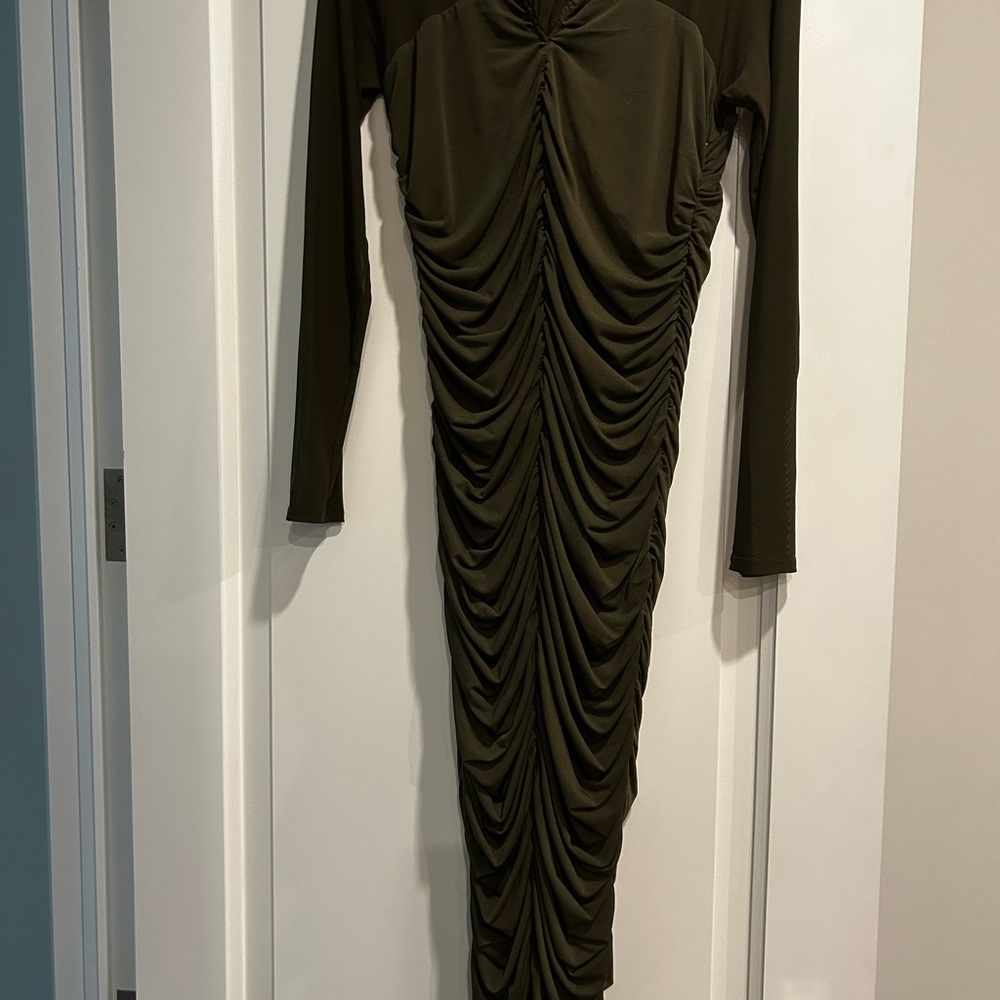 Anthropologie Green Cowl Neck Ruched Dress